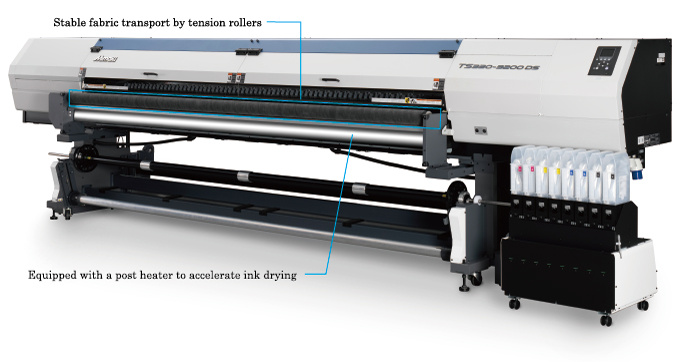 Stable fabric transport by tension rollers / Equipped with a post heater to accelerate ink drying